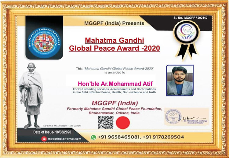 Atif conferred Mahatma Gandhi Global Peace Award -2020